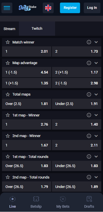 MyStake Mobile UI match page markets