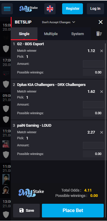 MyStake Mobile Bet Slip for esports